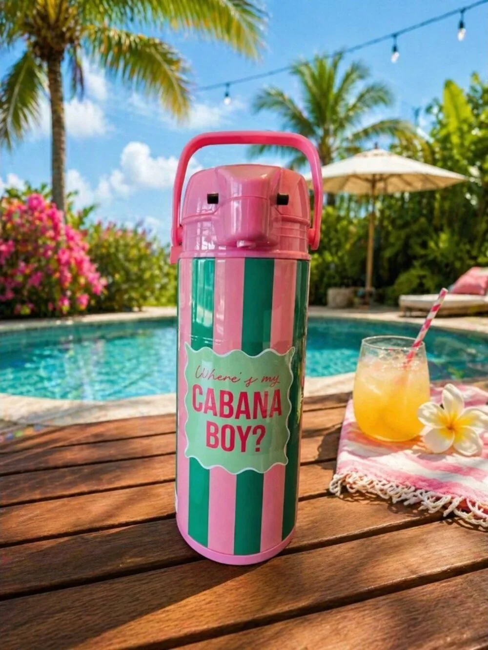 New Pink / Green Stripped Where's My Cabana Boy Thermos Dispenser Portable